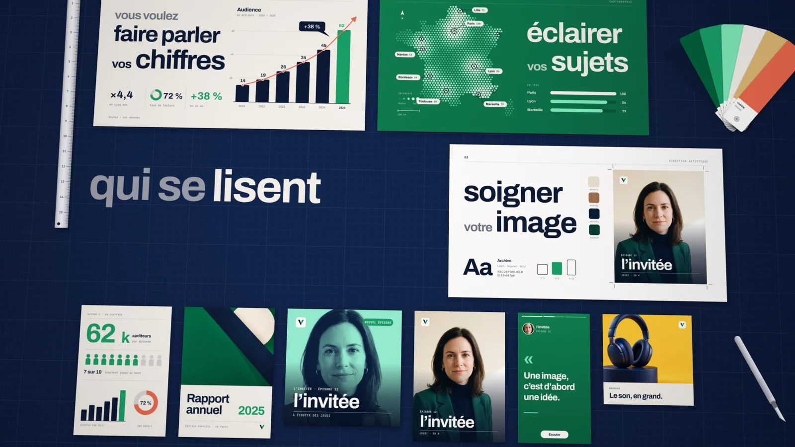 Image du film : une table de graphiste vue de dessus, couverte d’infographies, de cartes et de visuels