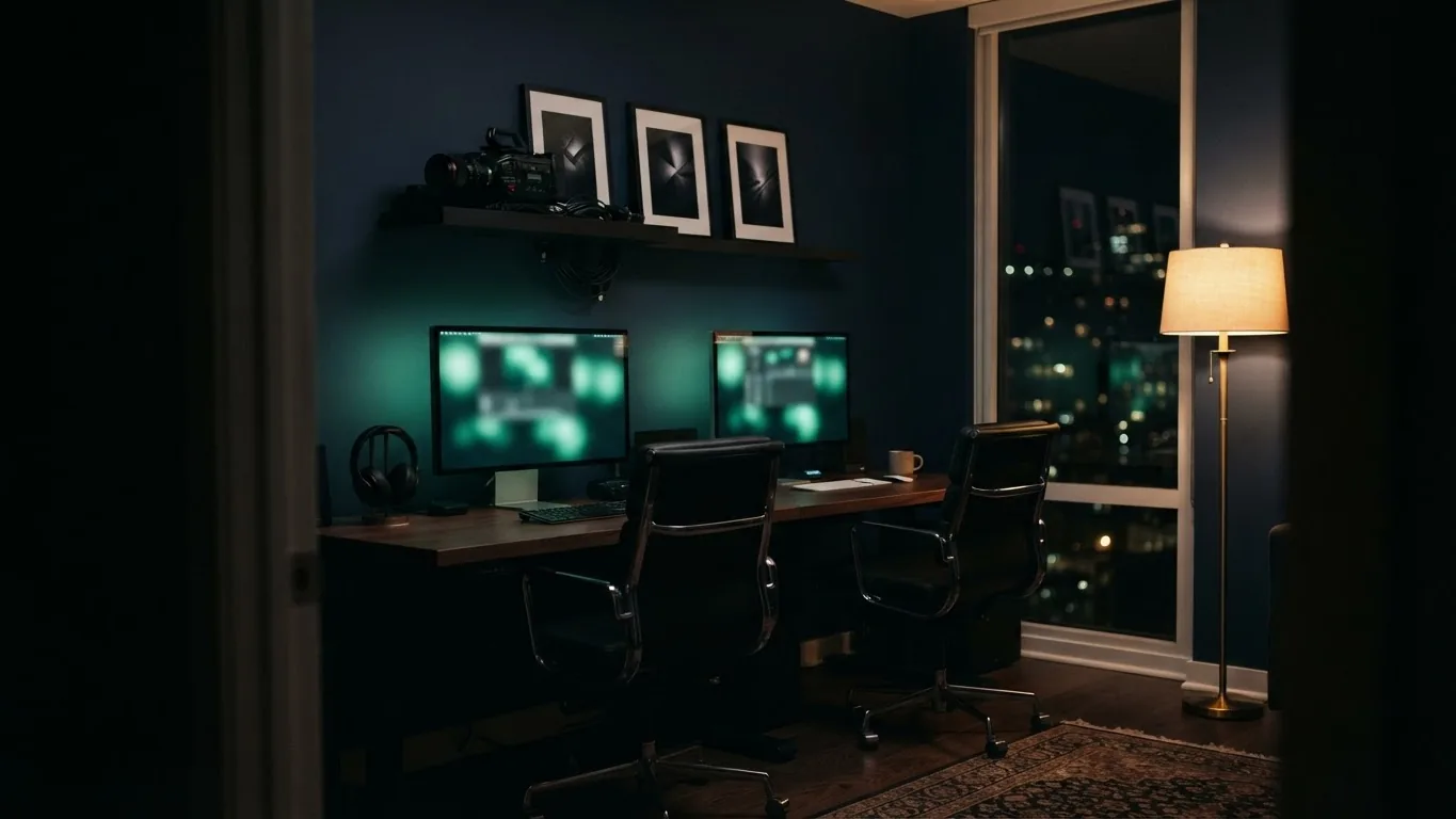 Deux postes de montage côte à côte dans un studio, la nuit
